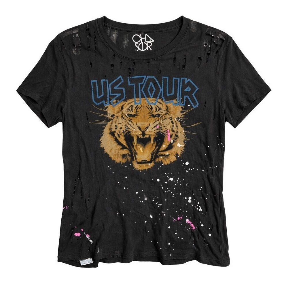 Chaser Tiger US Tour Crew Neck T-Shirt womens size medium black distressed punk
